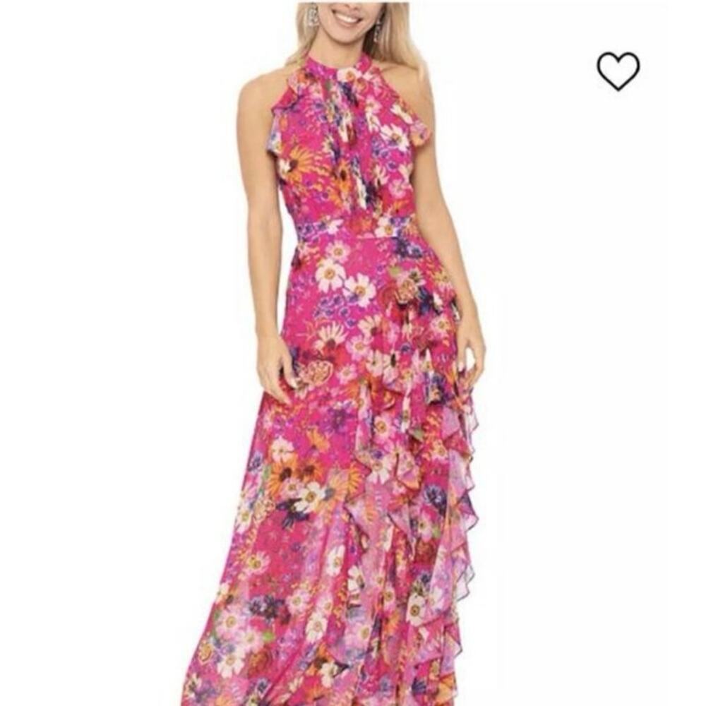 Betsy & Adam Floral Print Women's Pink Ruffled Halter Chiffon Gown Size 6 NWT